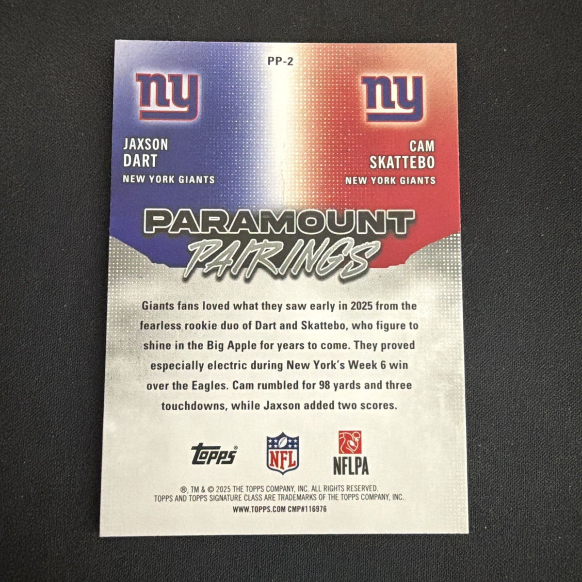 2025 Topps Signature Class Paramount Pairings Jaxson Dart/Cam Skattebo /225