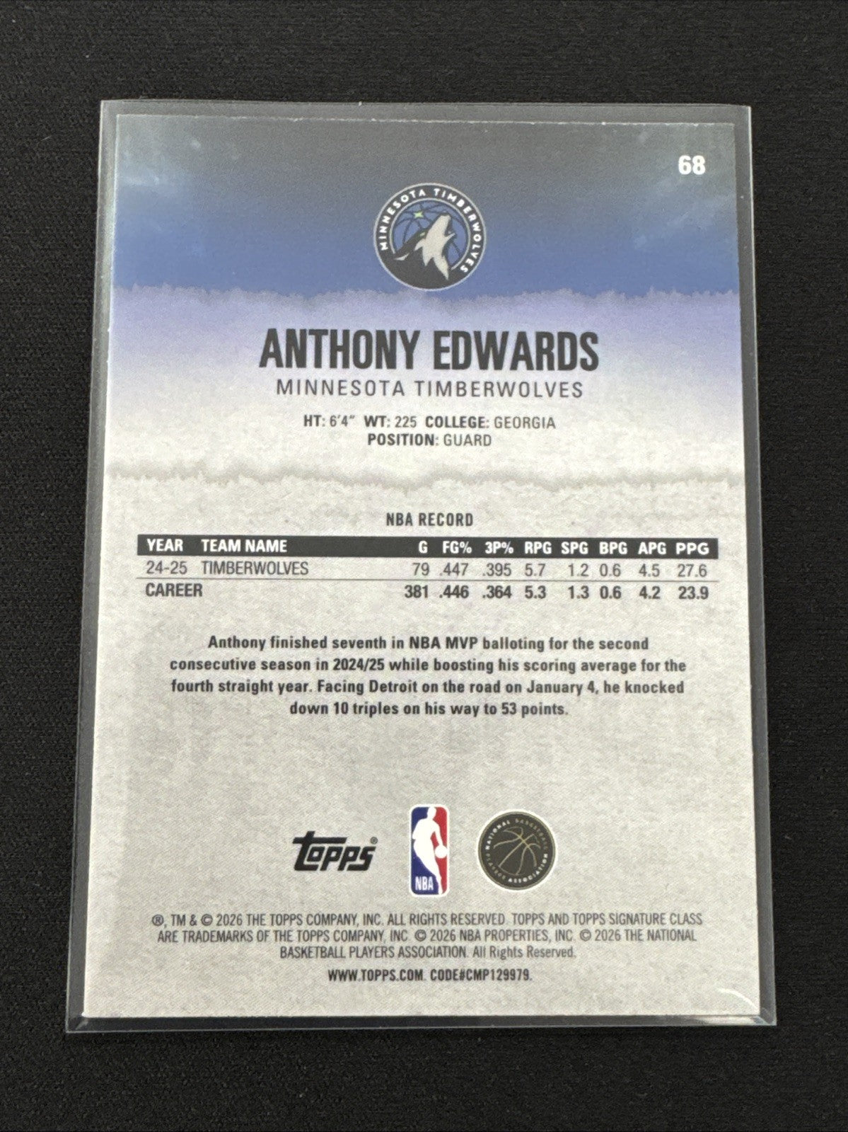 2025-26 Topps Signature Signature Class Anthony Edwards /299 Timberwolves