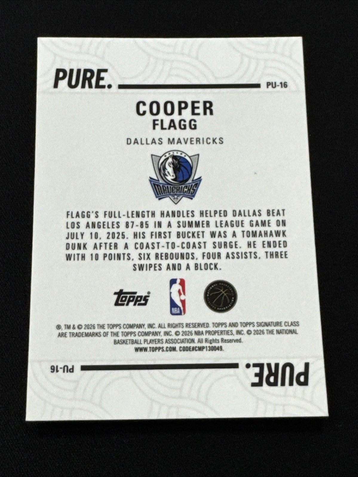 Cooper Flagg PURE 2025-26 Topps Signature Class RC #PU-16 Dallas Mavericks