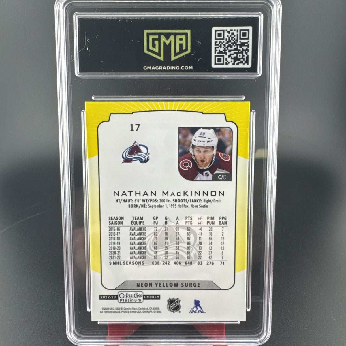 2022-23 O-Pee-Chee Platinum Nathan MacKinnon #17 Yellow Surge GMA 8.5