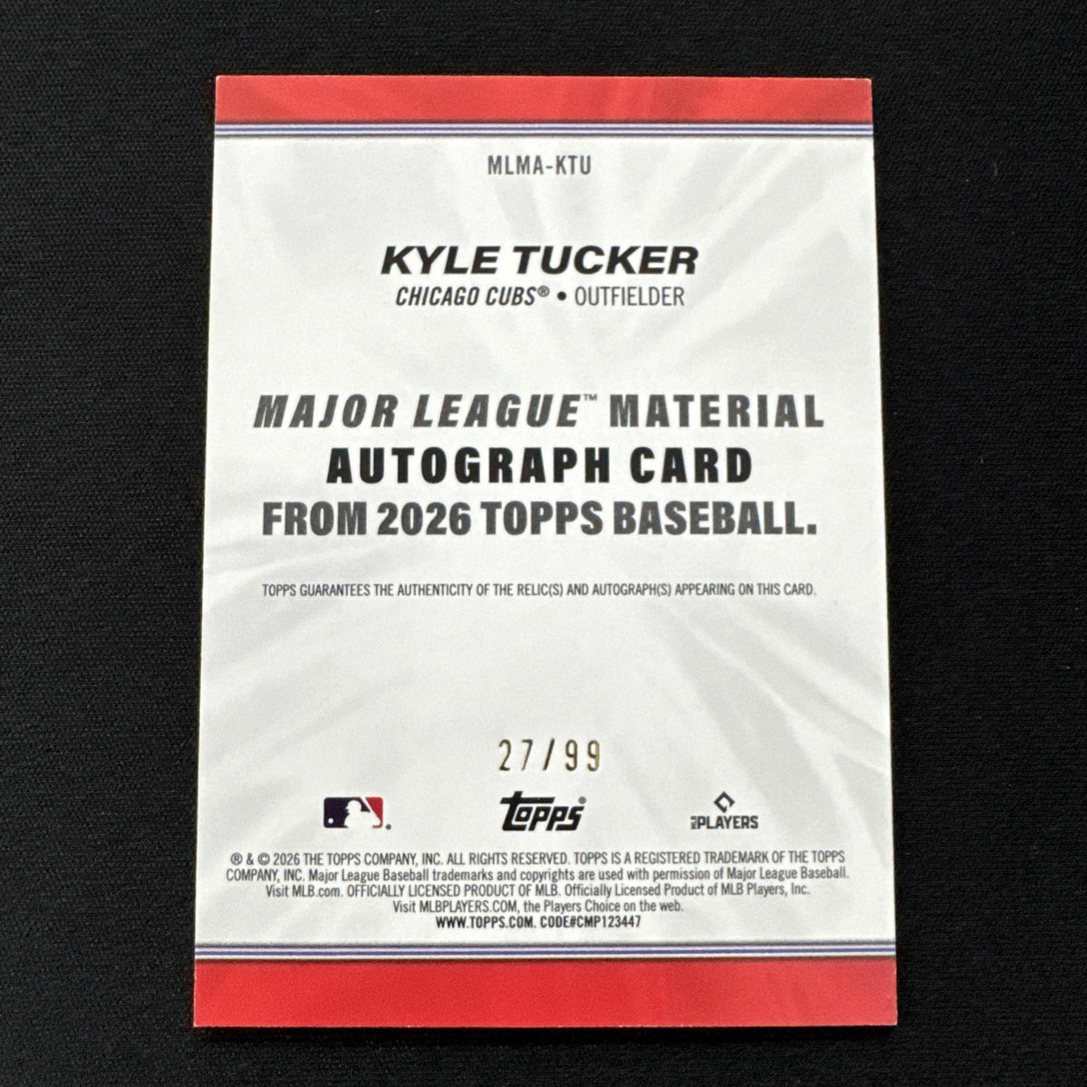 2026 Topps Series One - Kyle Tucker Auto Bat Relic Card /99 CUBS