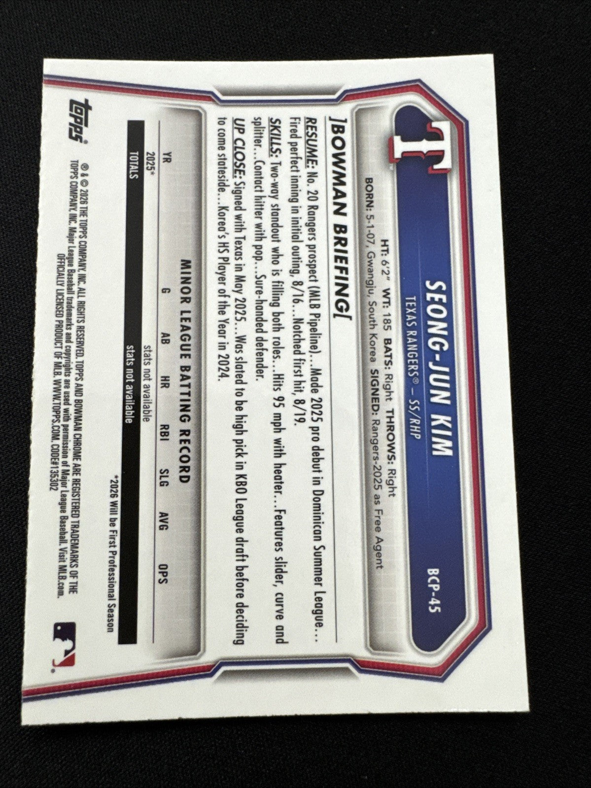 2026 Bowman 1st Chrome BLUE RAYWAVE REFRACTOR/150 Seong-Jun Kim Texas #BCP-45