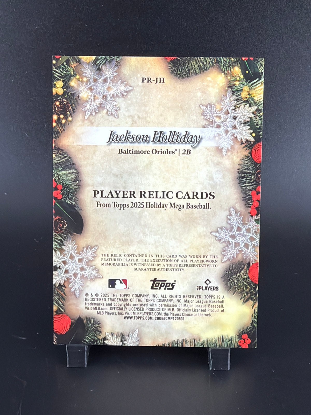 2025 Topps Holiday Jackson Holliday #PR-JH /299 Player-Worn Memorabilia Relic