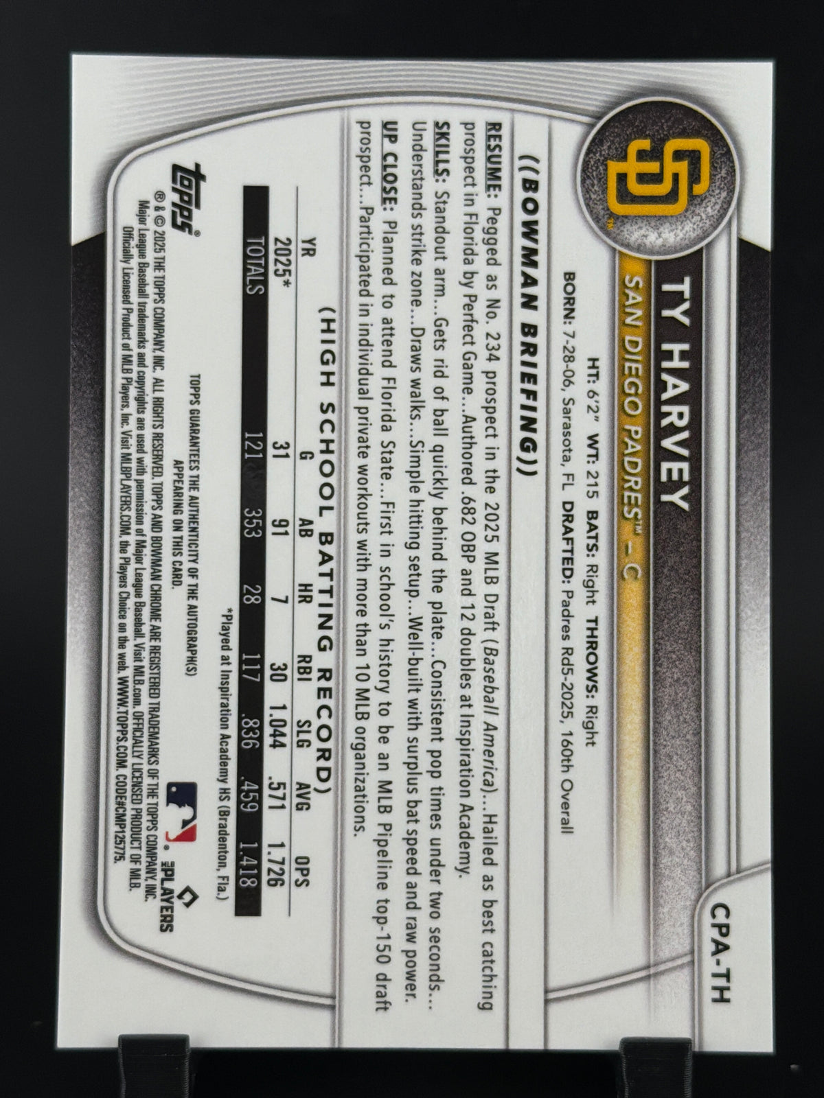 2025 Bowman Chrome Ty Harvey #CPA-TH Purple Refractor /250