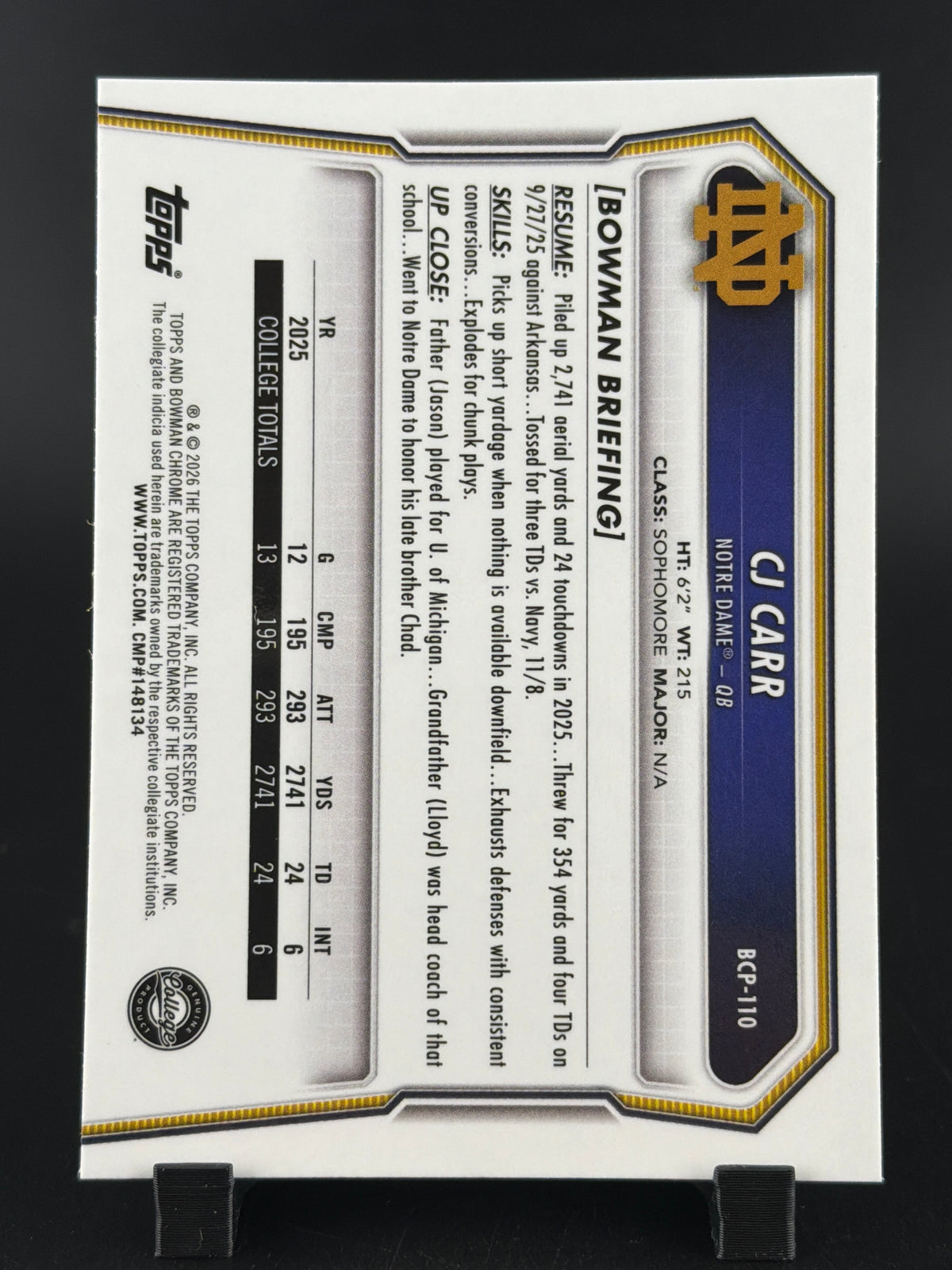 2024 Bowman Chrome University Football CJ Carr #BCP-110 Mojo Refractor