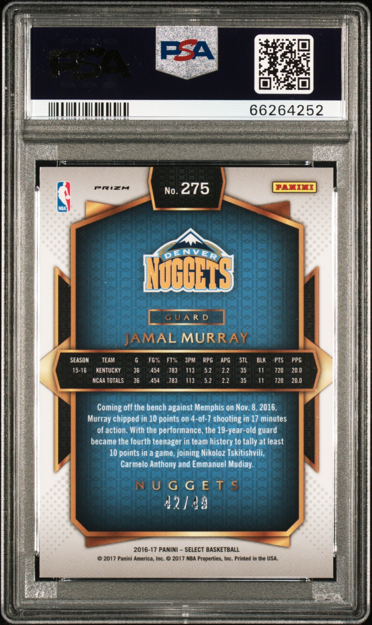 2016 Panini Select Jamal Murray #275 Copper Prizm PSA 10