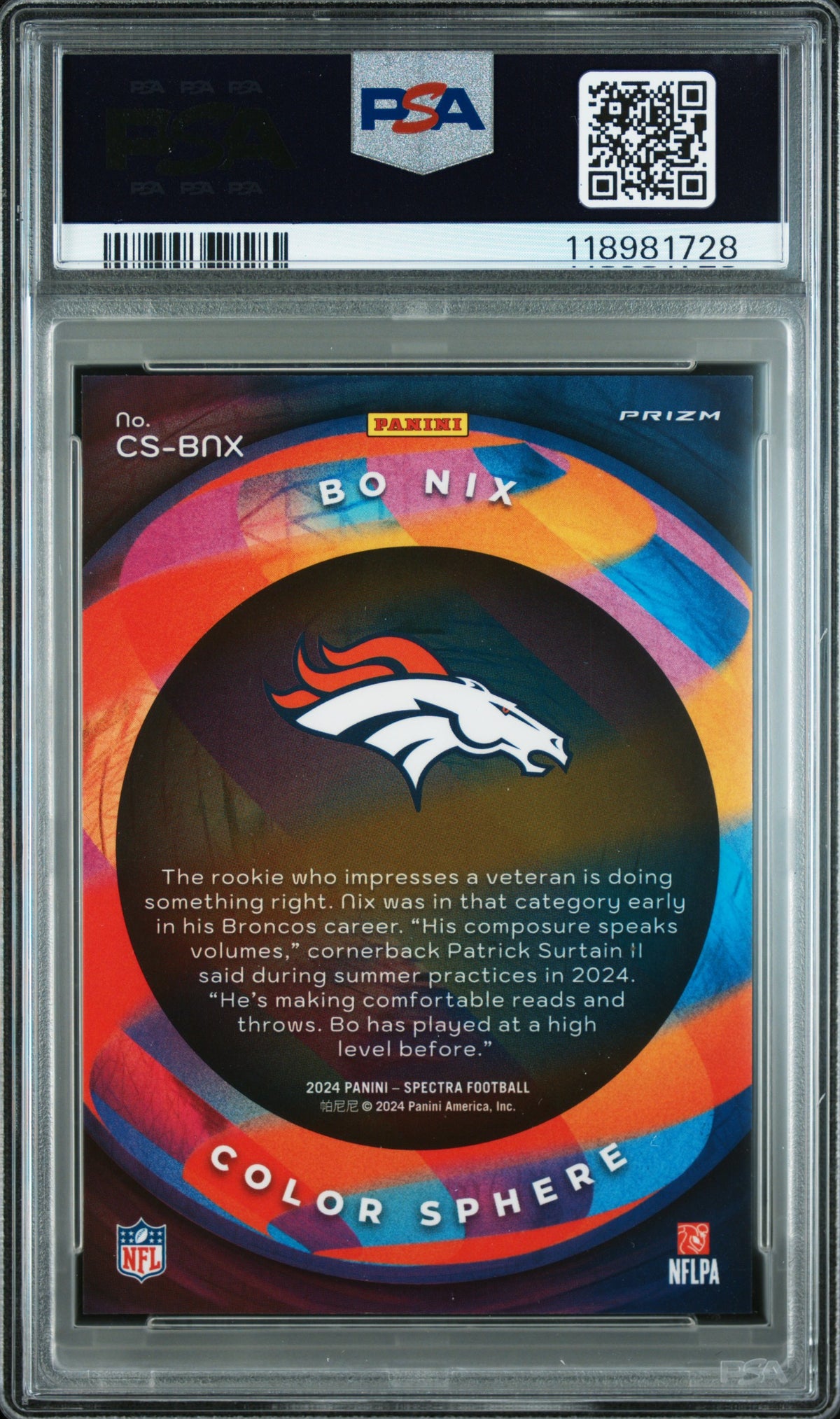 2024 Panini Spectra Color Sphere Bo Nix #CSBNX PSA 10 Case Hit Denver Broncos