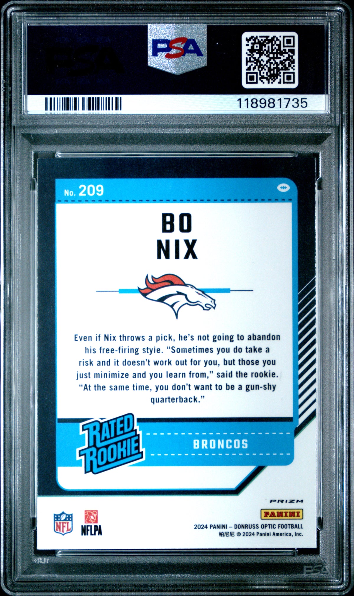 2024 Panini Donruss Optic Bo Nix #209 Rocket PSA 10 Rated Rookie