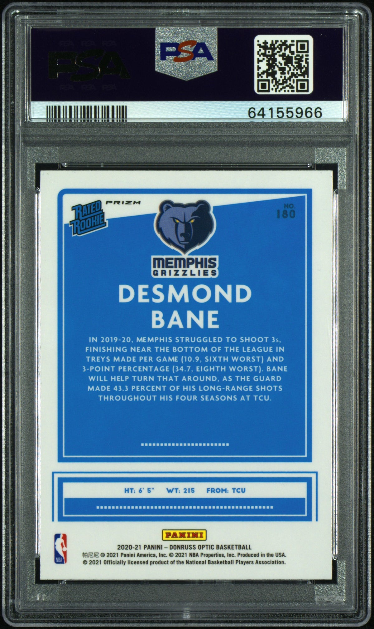 2020 Panini Donruss Optic Desmond Bane #180 Green Pulsar PSA 10