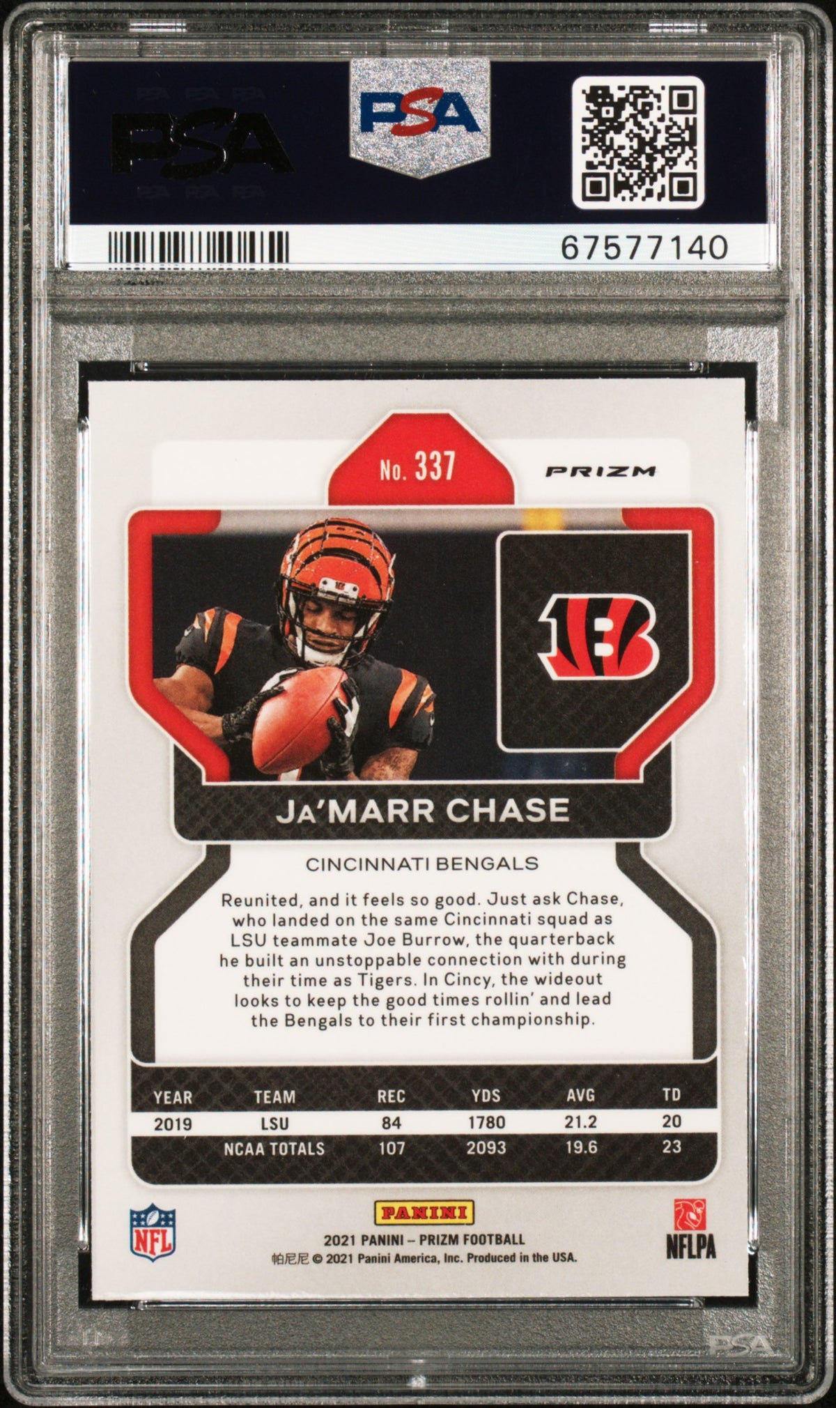 2021 Panini Prizm Ja’Marr Chase #337 Neon Green Pulsar PSA 10