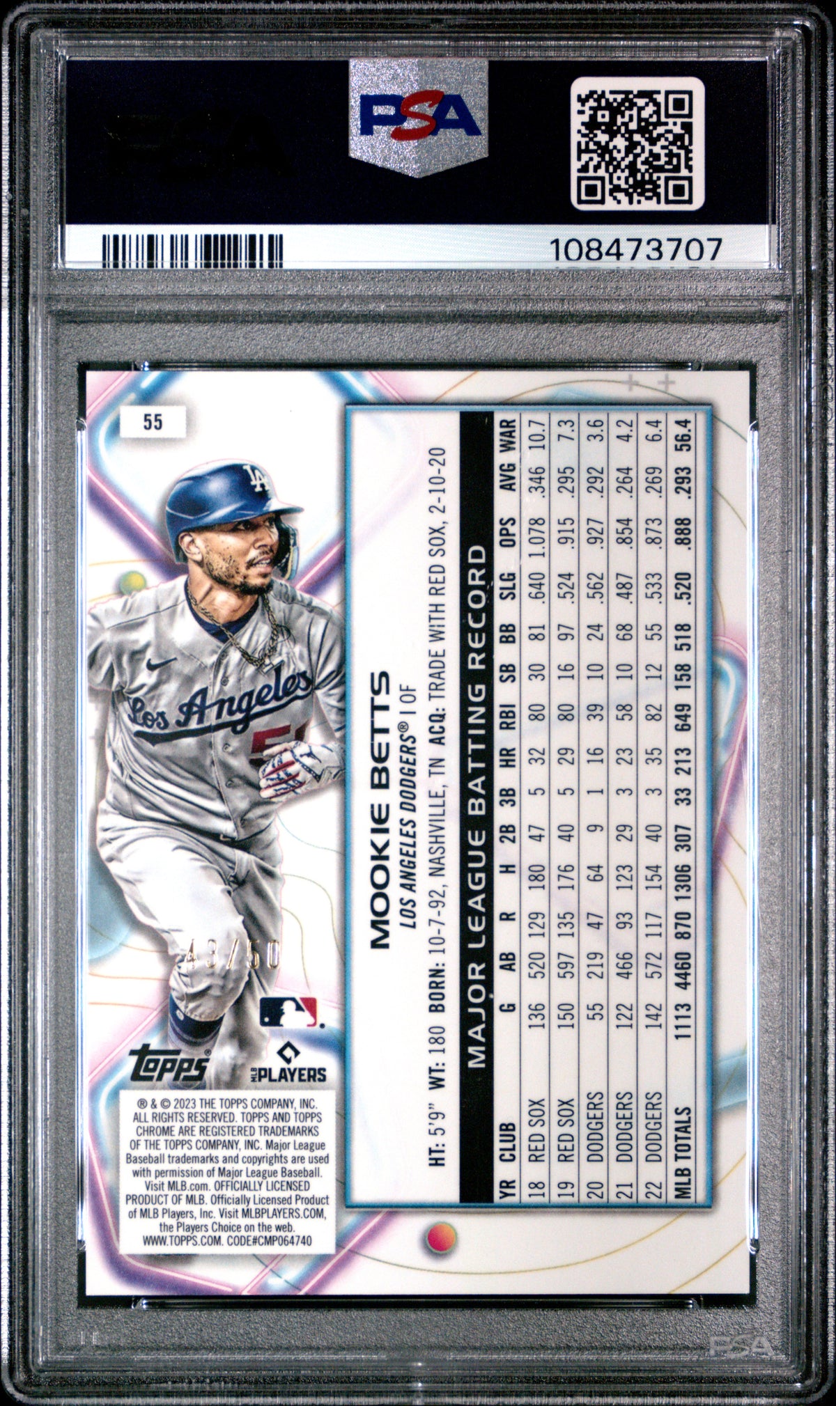 2023 Topps Cosmic Chrome Mookie Betts #55 Gold Interstellar Ref /50 PSA 10