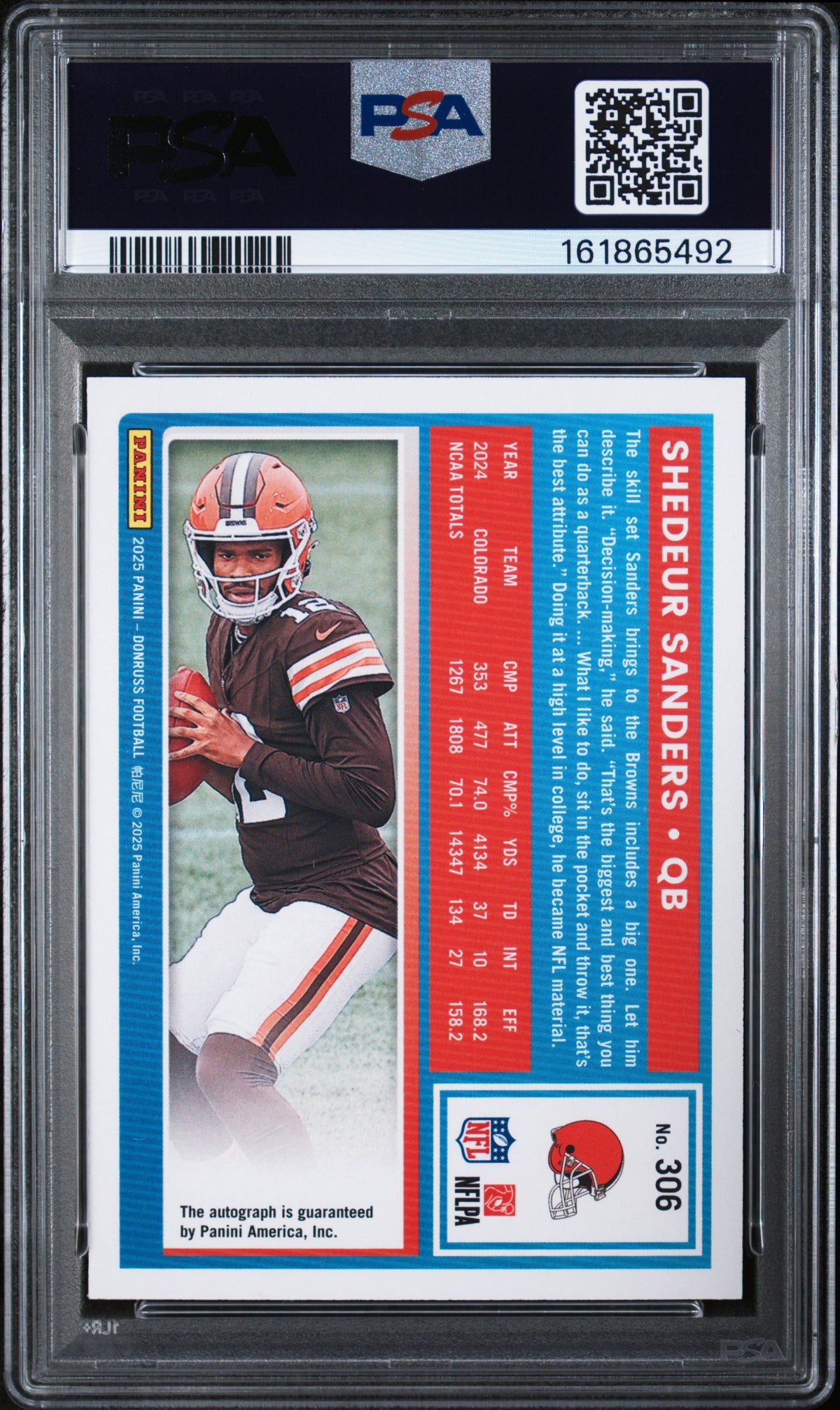 2025 Panini Donruss Shedeur Sanders #306 Autograph Orange PSA 10