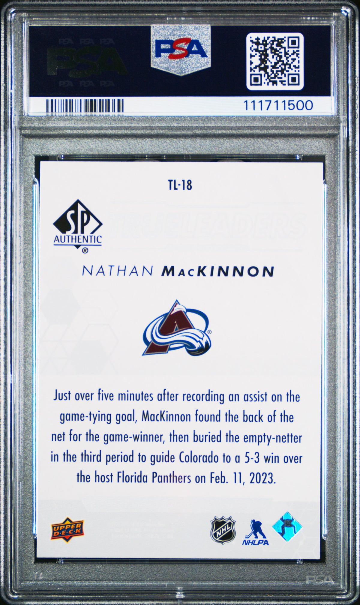 2022 SP Authentic True Leaders Nathan Mackinnon #TL18 PSA 10