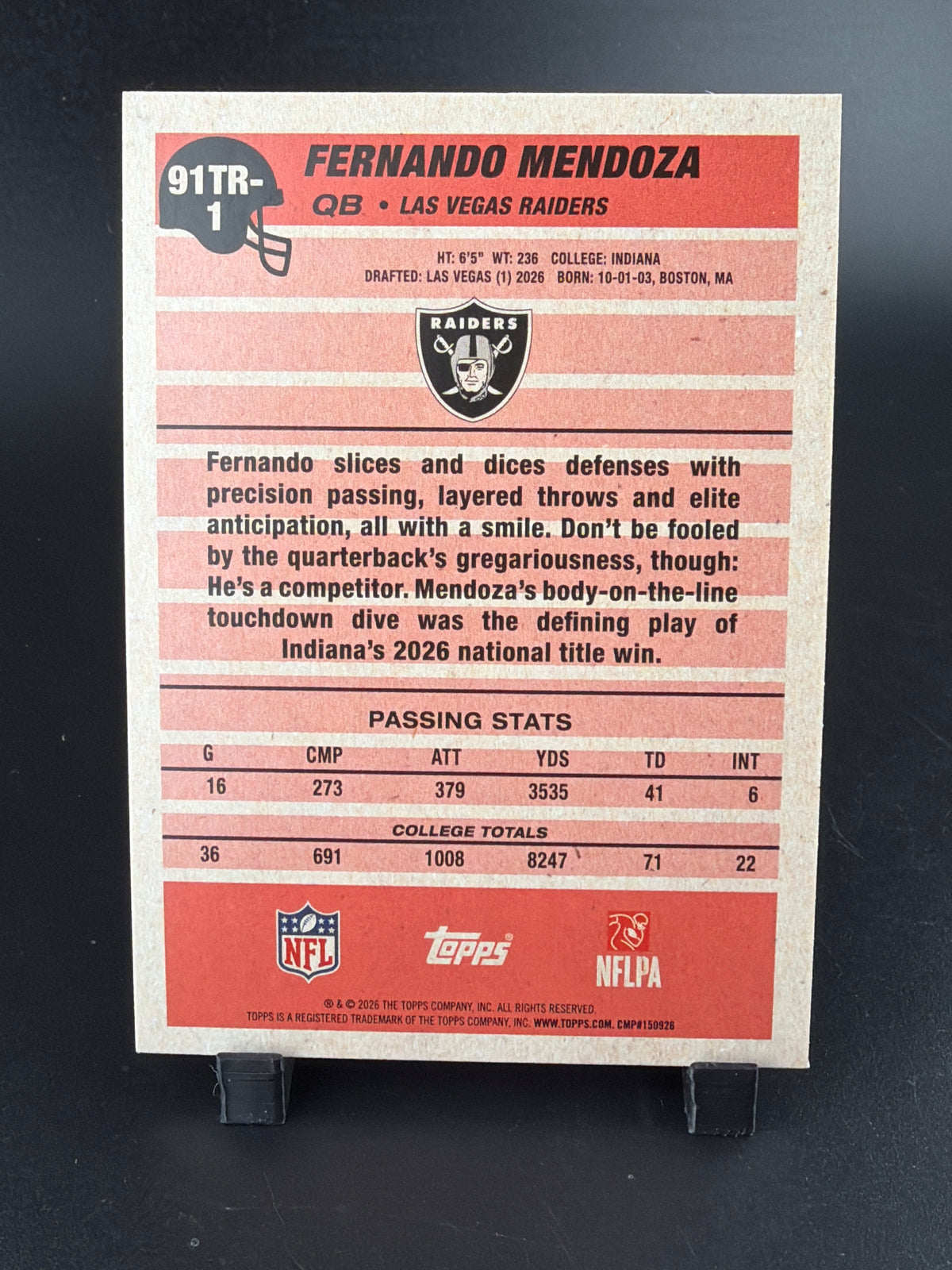 2026 Topps Fernando Mendoza #91TR-1 Pink Crackle RC