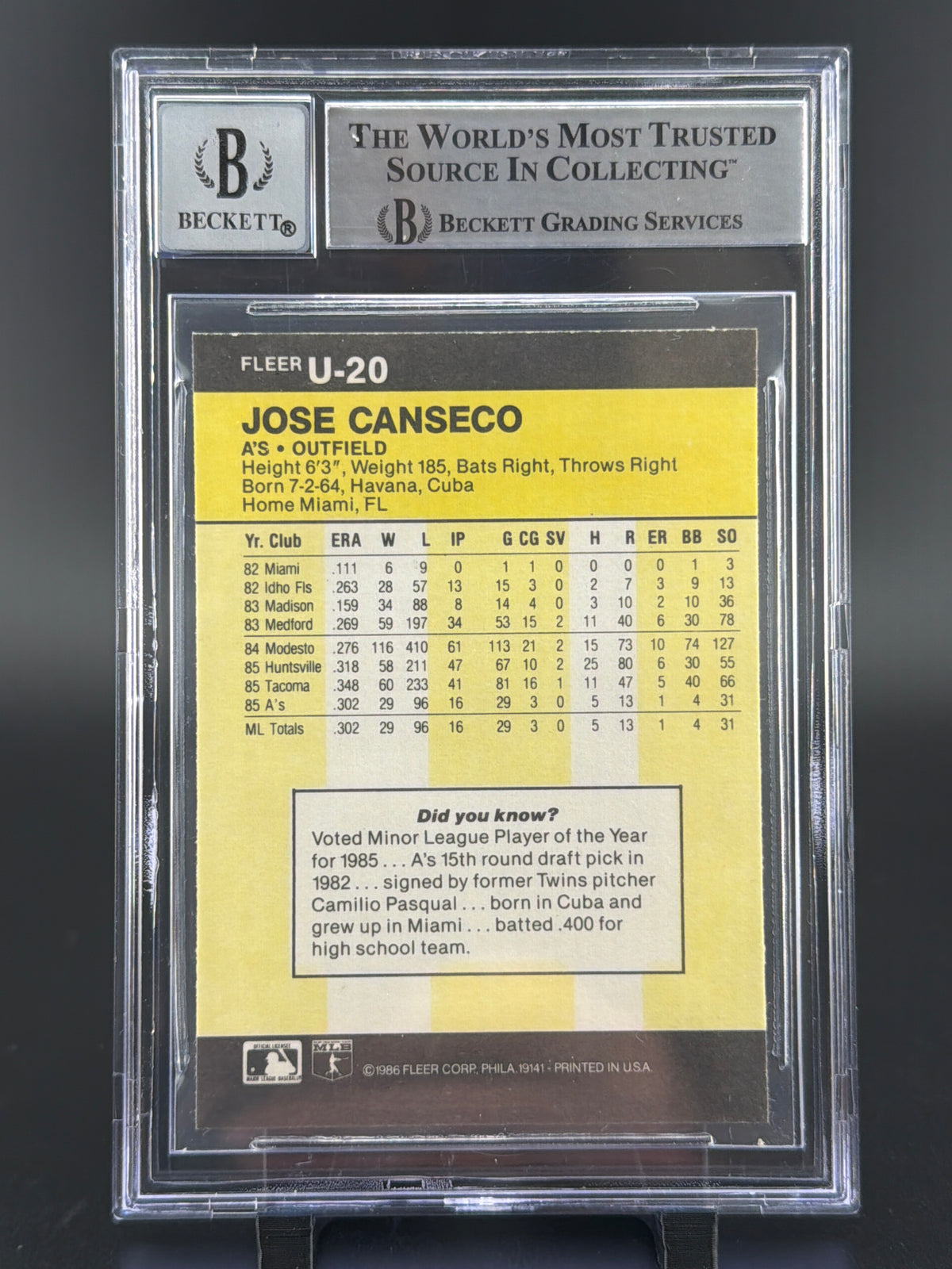 1986 Fleer Update Jose Canseco #U-20 BAS Auto Authentic Auto