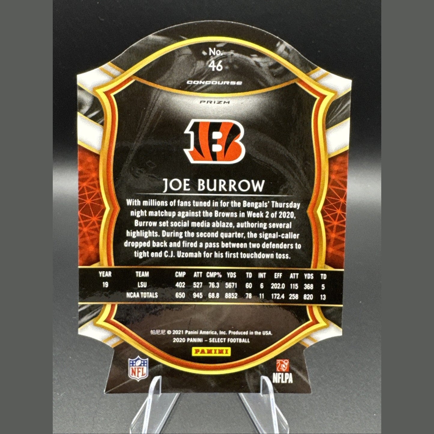 2020 Panini Select - Concourse Joe Burrow #46 Purple Prizm Die-Cut (RC)