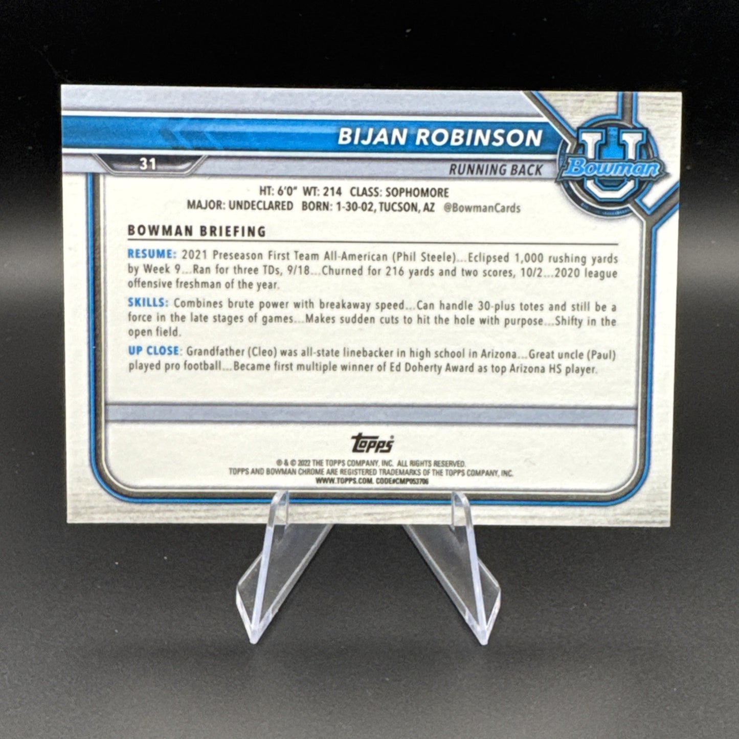 2022 Bijan Robinson 1st Bowman Teal Refractor 163/299 Texas Longhorns #31