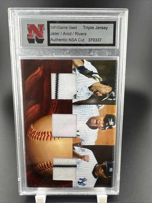 Derek Jeter Alex Rodriguez Mariano Rivera NSA Cut Game Used Triple Jersey Card