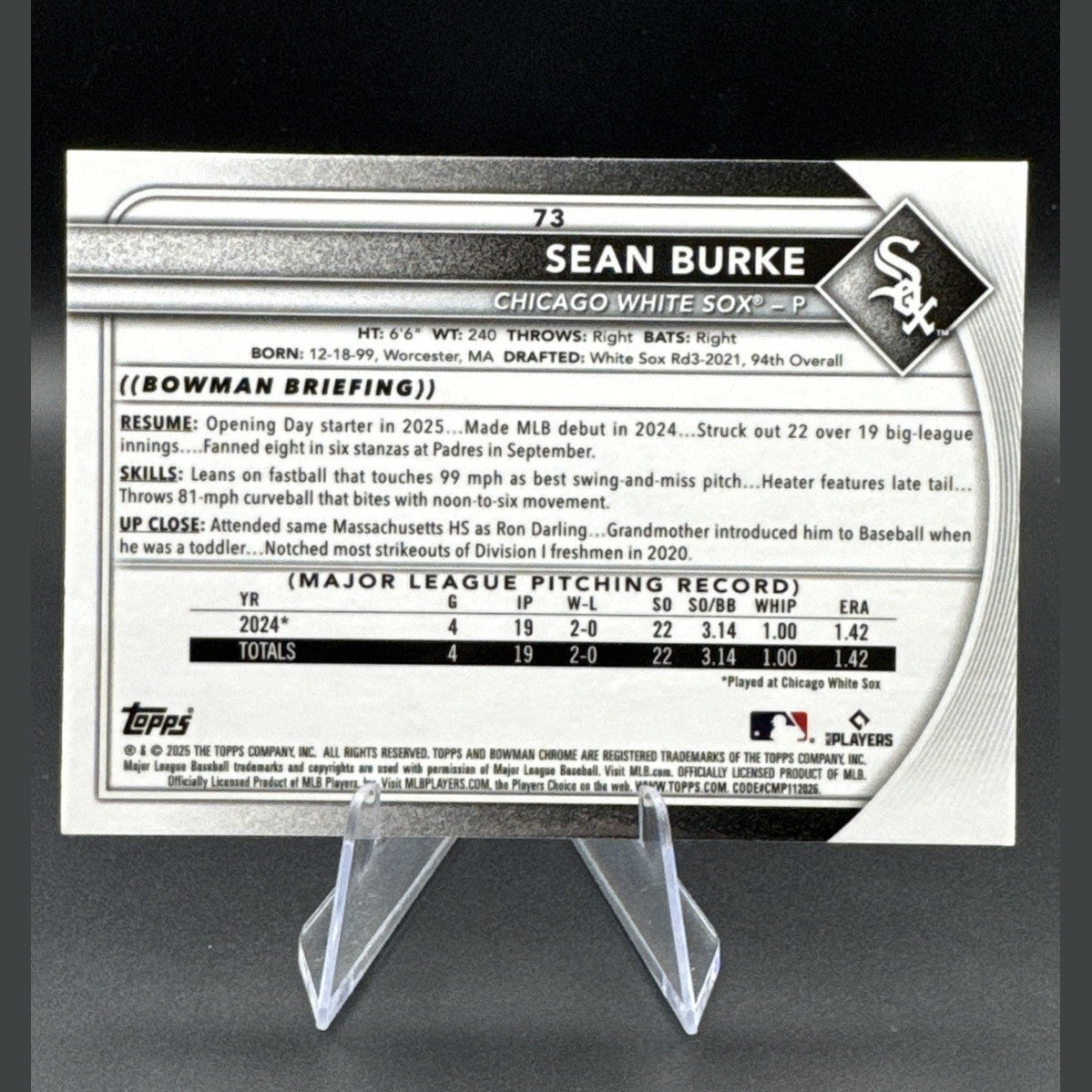 2025 Bowman Chrome Sean Burke RC Refractor #73 397/499 White Sox