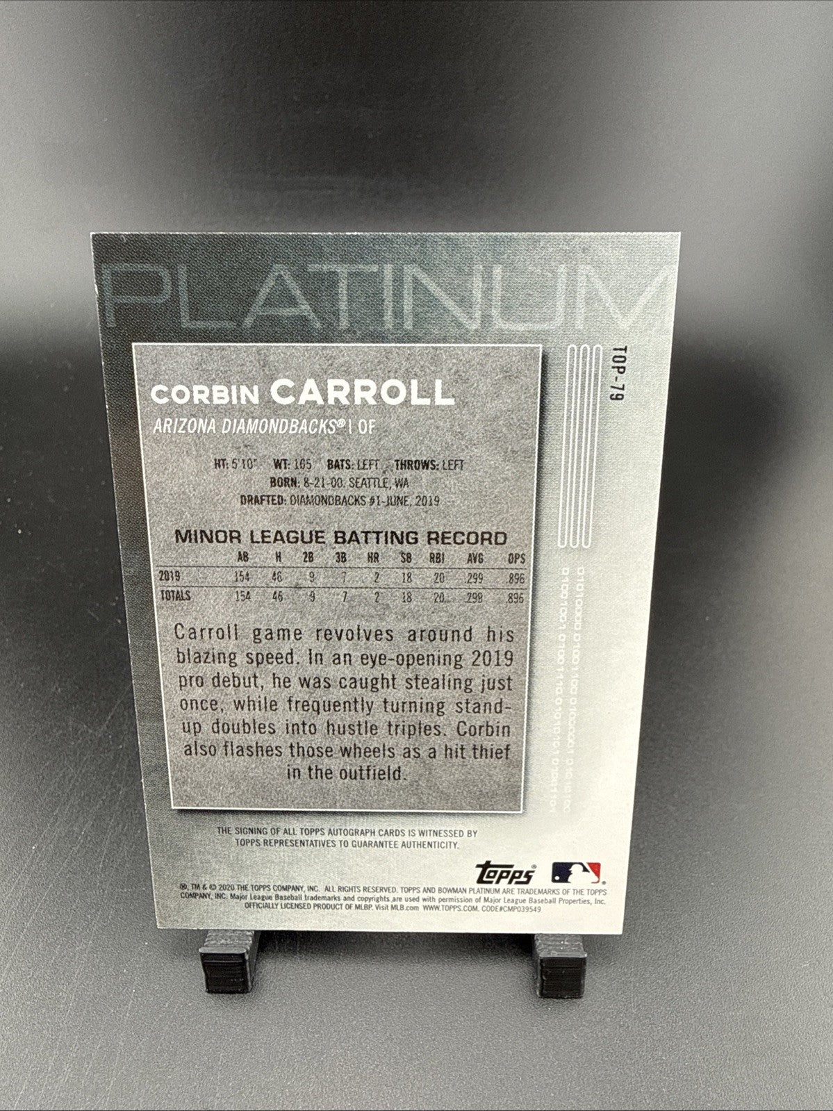 2020 Bowman Platinum Corbin Carroll Purple RC Auto #TOP-79 188/199