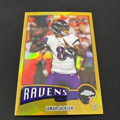 2025 Topps Chrome LAMAR JACKSON 1975 Throwback Gold Refractor 12/50 - Ravens