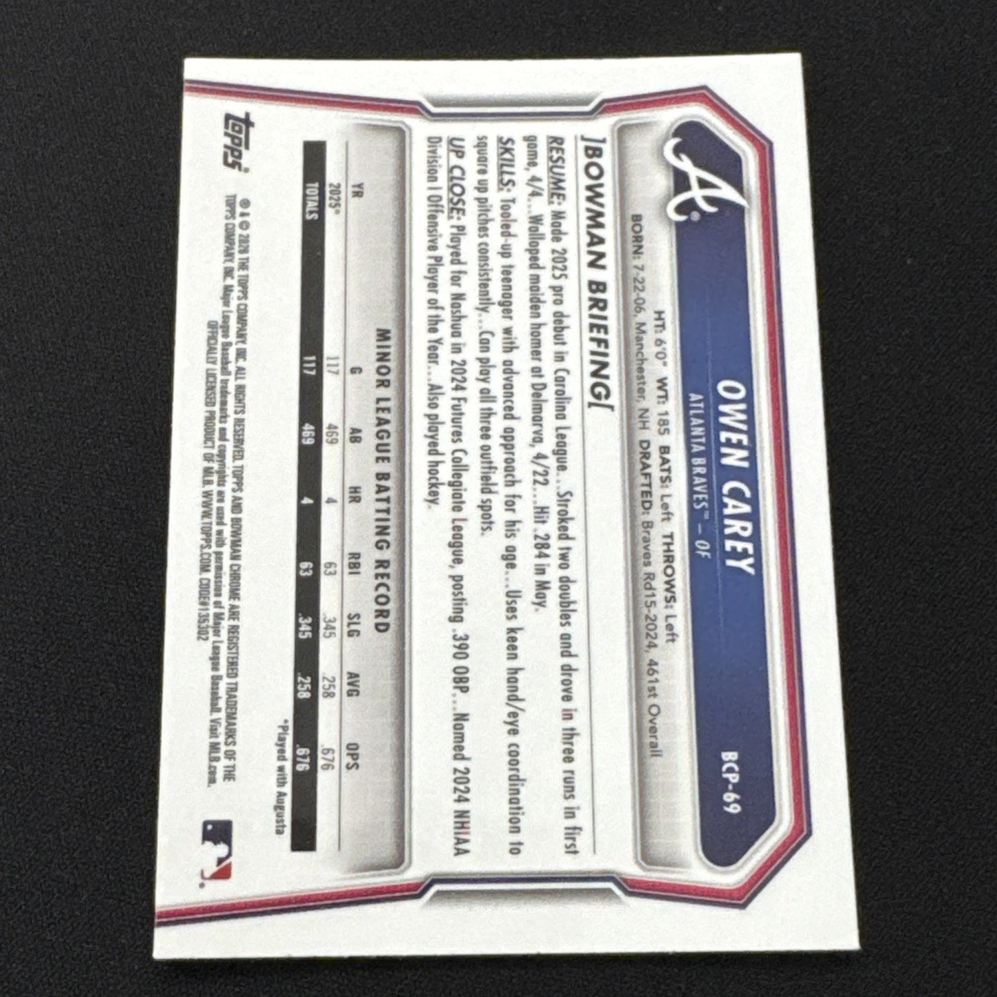2026 Bowman 1st Chrome Blue Shimmer Owen Carey /150