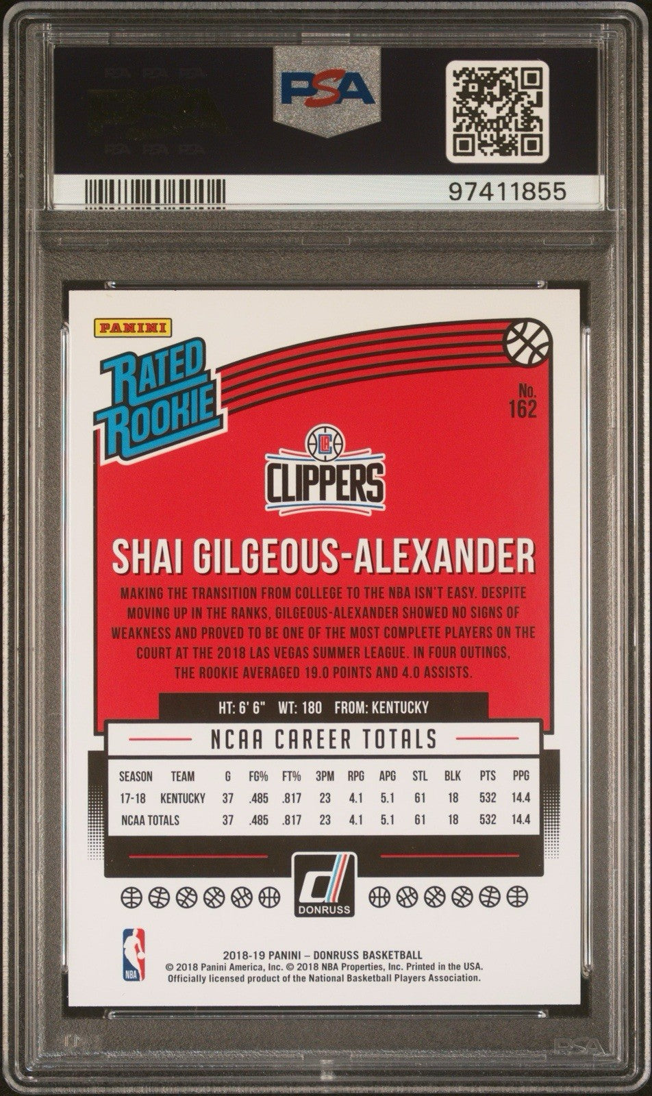 2018-19 Panini Donruss - Rated Rookies Shai Gilgeous-Alexander #162 (RC) PSA 9