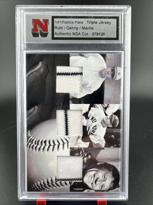 Babe Ruth Mickey Mantle Lou Gehrig 1/1 TRIPLE JERSEY CARD AUTHENTIC NSA CUT!l