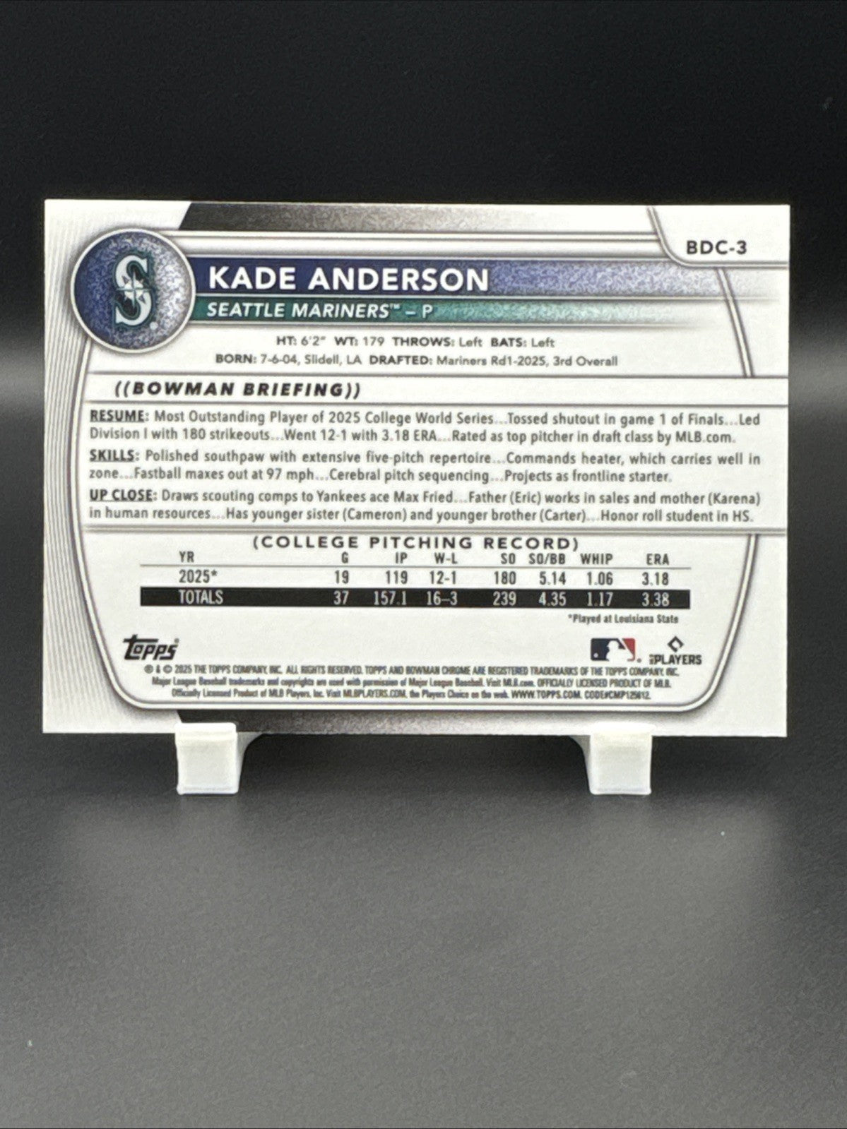 2025 Bowman Draft Chrome Kade Anderson X-Fractor #BDC-3 Seattle Mariners