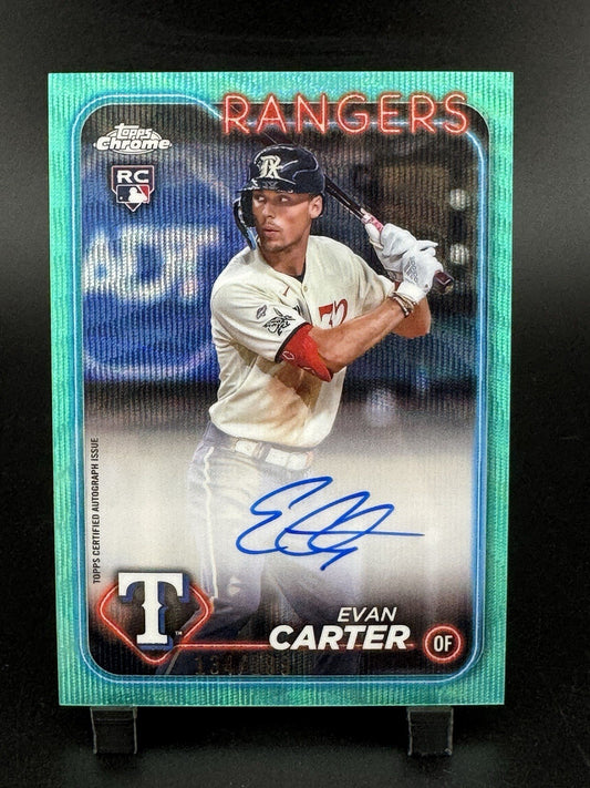 2024 Topps Chrome Evan Carter Rookie Auto RC Aqua Wave Refractor #/199 Rangers