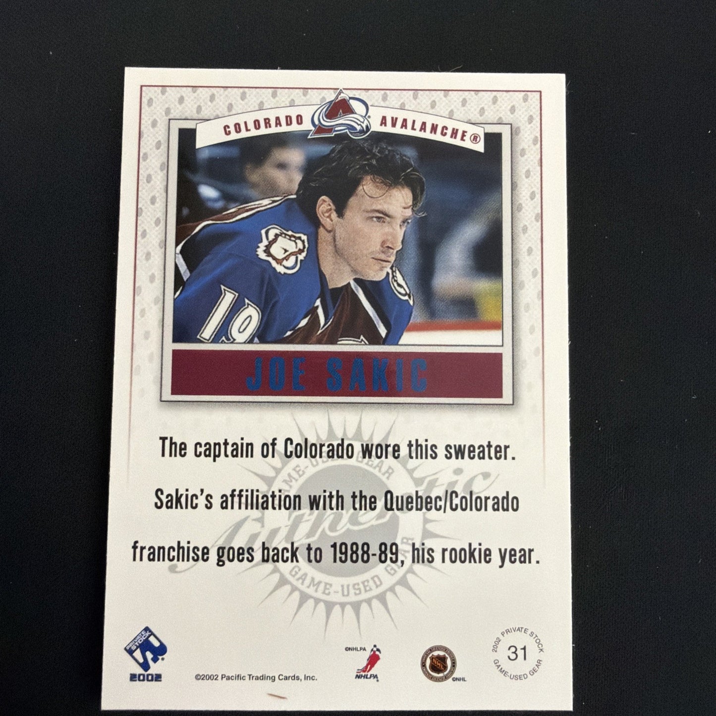2001-02 Pacific Private Stock - Game-Used Gear Joe Sakic #31 (MEM)