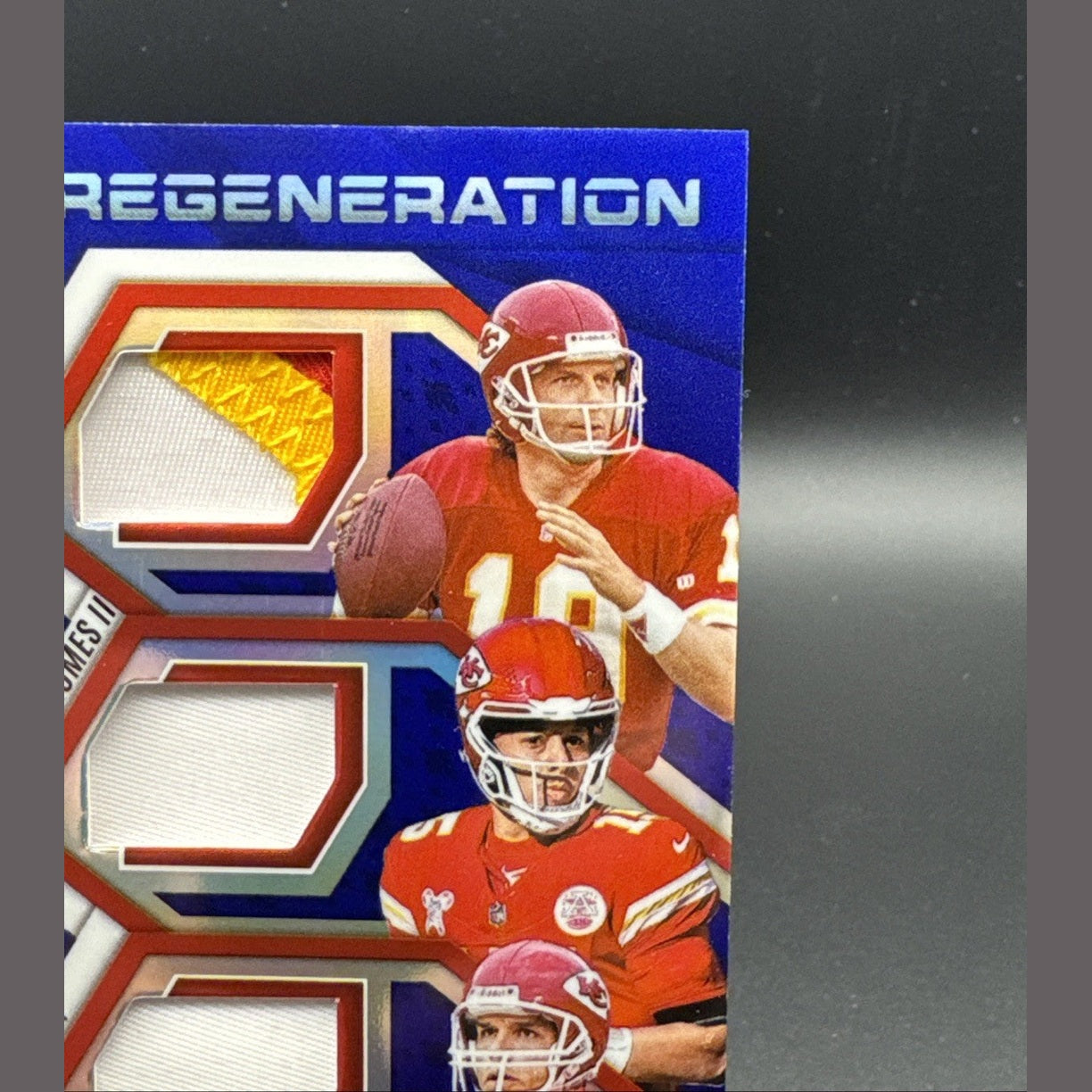 2025 Phoenix Regeneration Blue Prizm Triple Patch Montana, Mahomes & Green /199