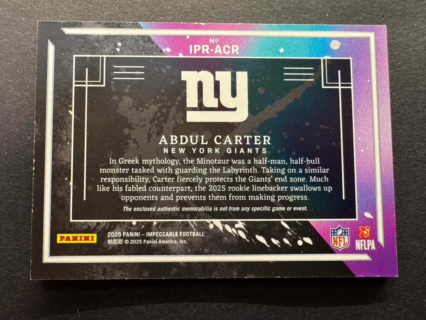 Abdul Carter 2025 Impeccable Impatchable Rookies 14/25 #IPR-ACR Giants Patch RC
