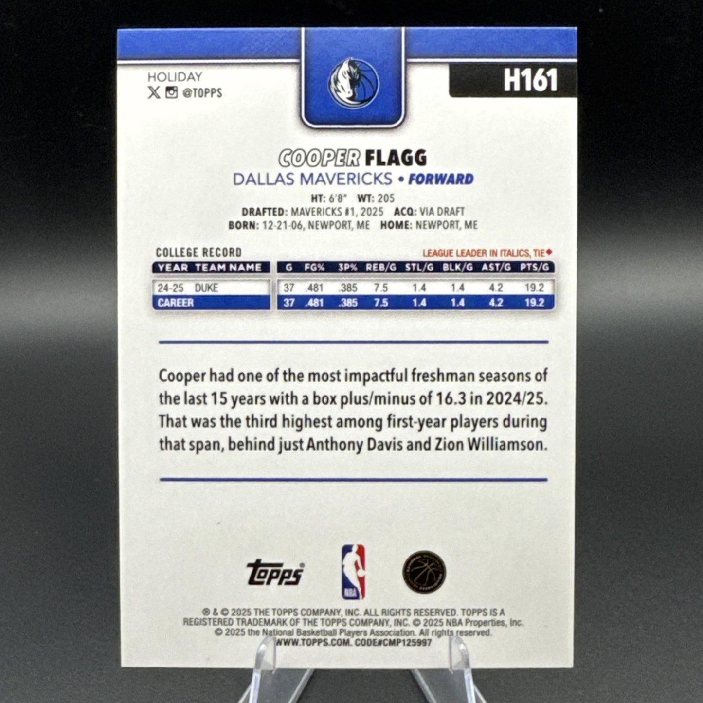 Cooper Flagg 2025-26 Topps Holiday Rookie #H161