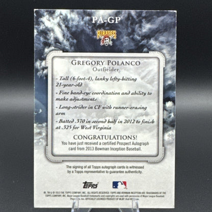 2013 Bowman Inception Prospect On Card Auto Orange 6/50 Gregory Polanco #PA-GP
