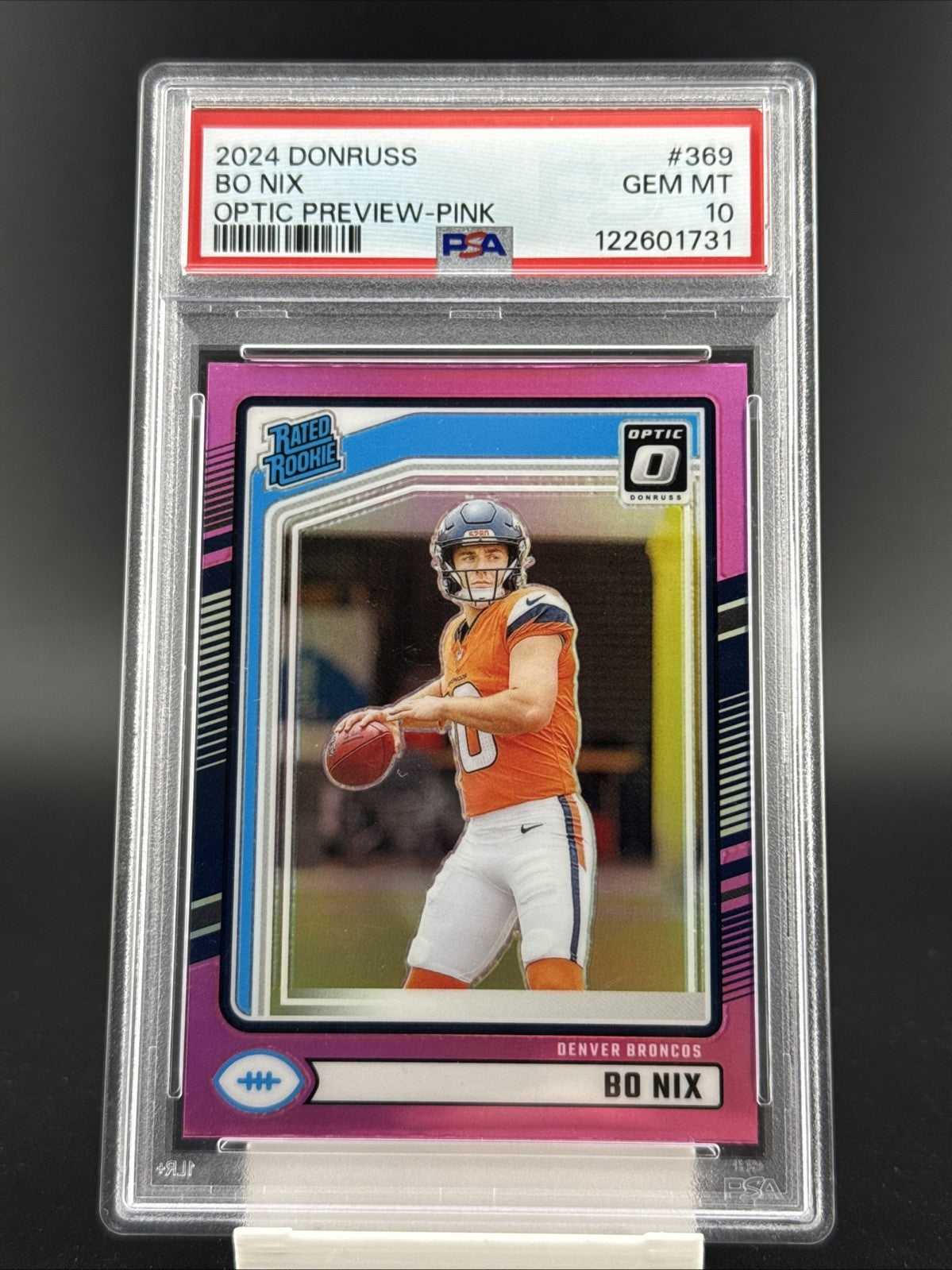 2024 Panini Donruss - Rated Rookie Bo Nix #369 Optic Preview Pink Prizm (RC)