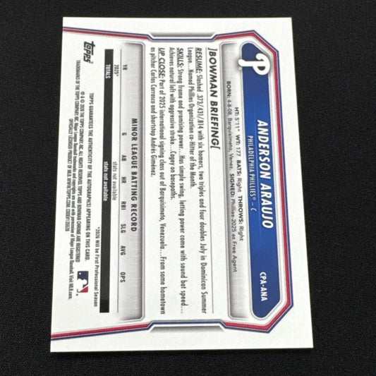 Anderson Araujo 2026 Bowman Chrome Blue Refractor Auto 35/150 1st Bowman