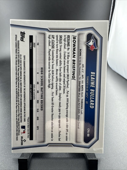 2026 Bowman Blaine Bullard Chrome 1st Auto True Blue Refractor /150 Blue Jays OF