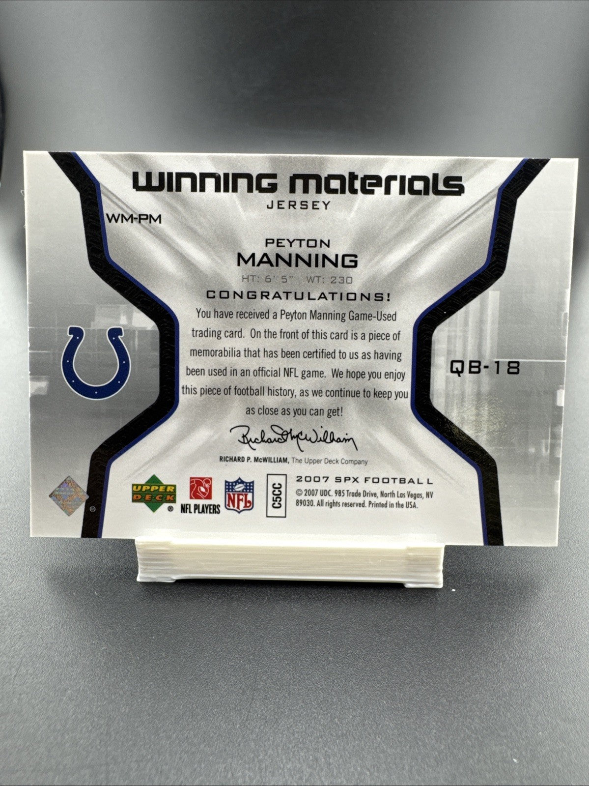 2007 SPx - Winning Materials Peyton Manning #WM-PM Jersey Number (MEM)