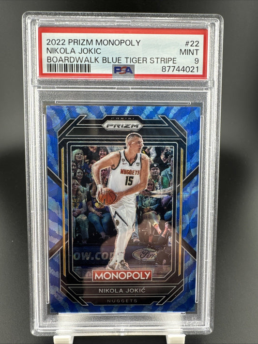 2022 Prizm Monopoly Nikola Jokic Boardwalk Blue Tiger Stripe #22 PSA 9