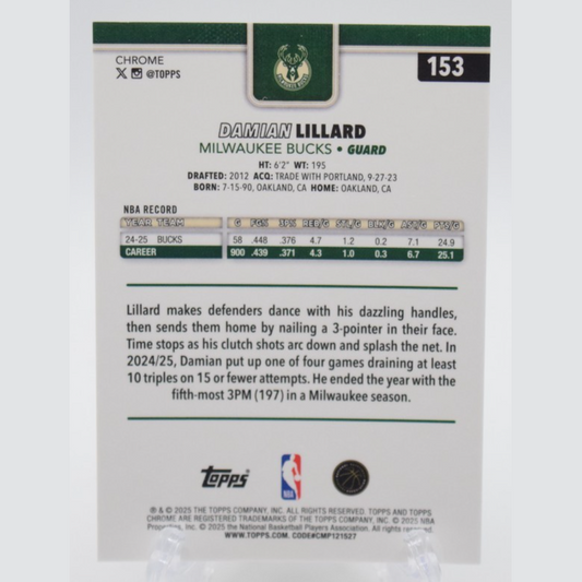 2025-26 Topps Chrome Damian Lillard Gold Wave 43/50 Bucks