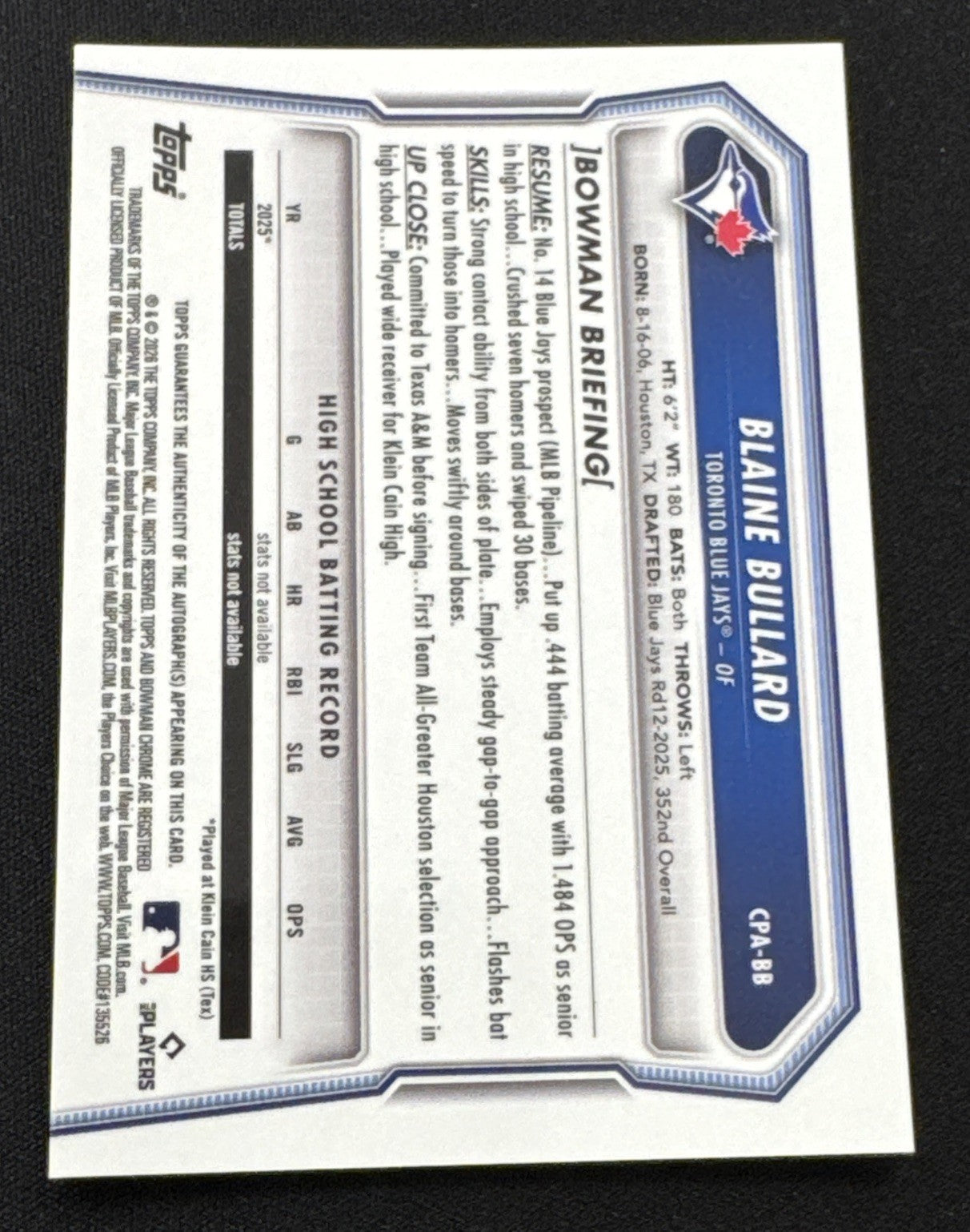 Bowman 2023 Bowman Chrome 1st Blaine Bullard Auto CPA-BB Toronto Blue Jays