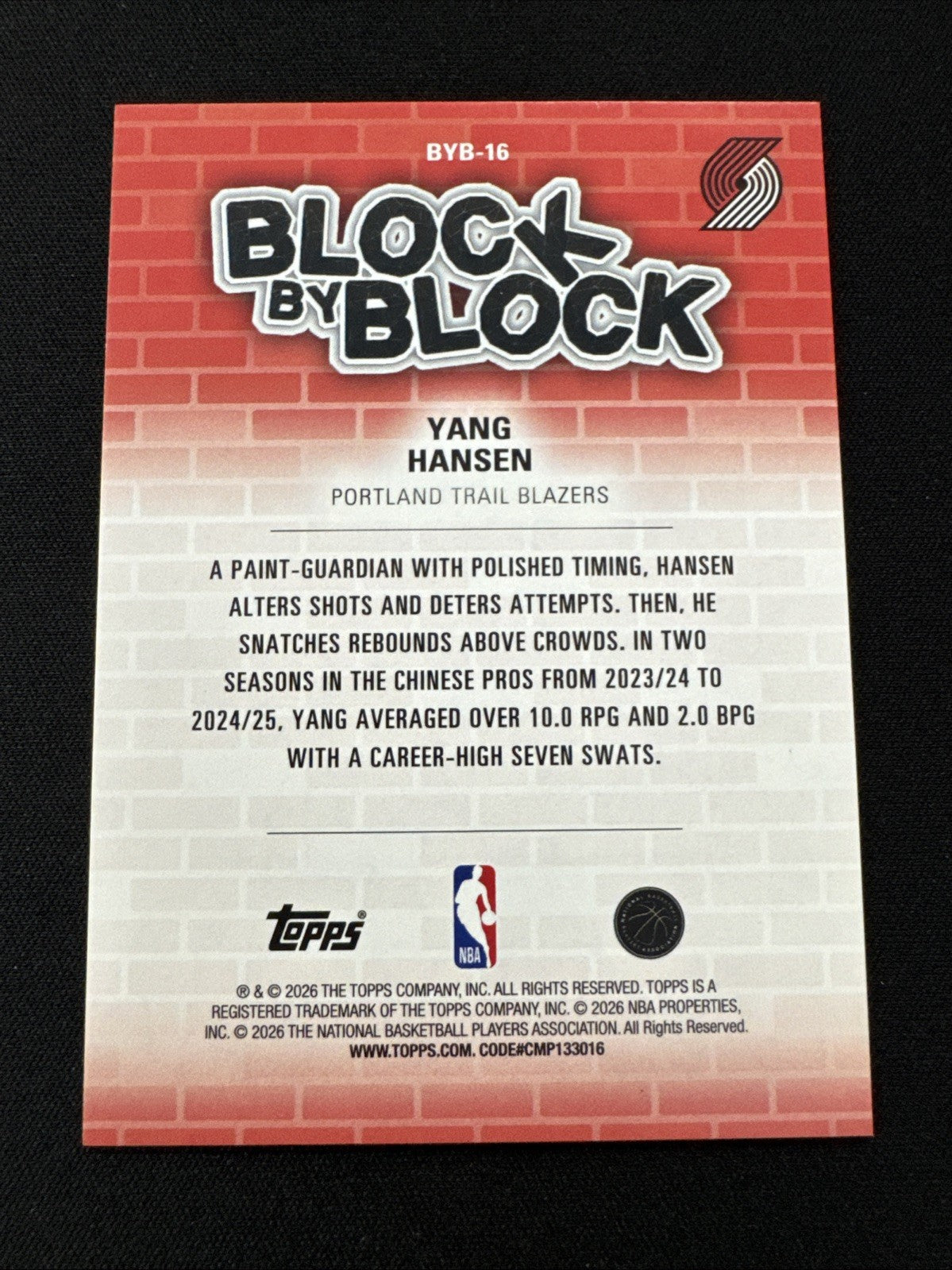 2025-26 Topps NBA Hoops RC Rookie Block By Block Yang Hansen BYB-16 SSP CASE HIT