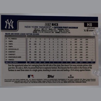 2025 Topps Holiday Ben Rice (RC) #H8 - Base Rookie - New York Yankees