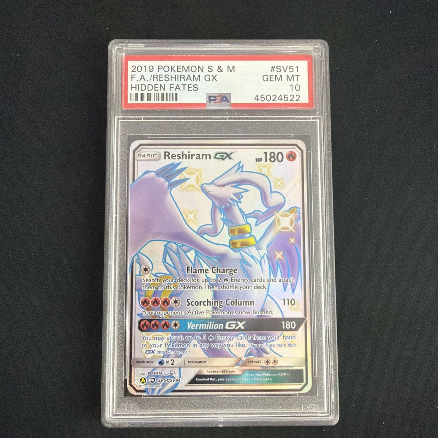 PSA 10 Pokemon Reshiram GX SV51/SV94 Hidden Fates Shiny Vault Full Art Holo