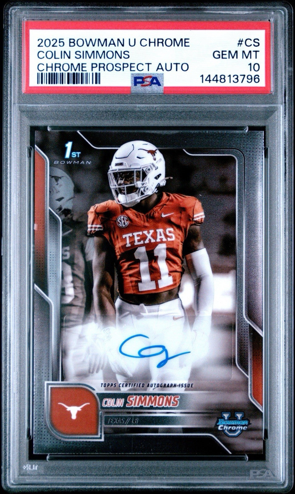 2025 Bowman U Chrome Colin Simmons #BCA-CS Prospect Auto 1st Bowman PSA 10 Texas