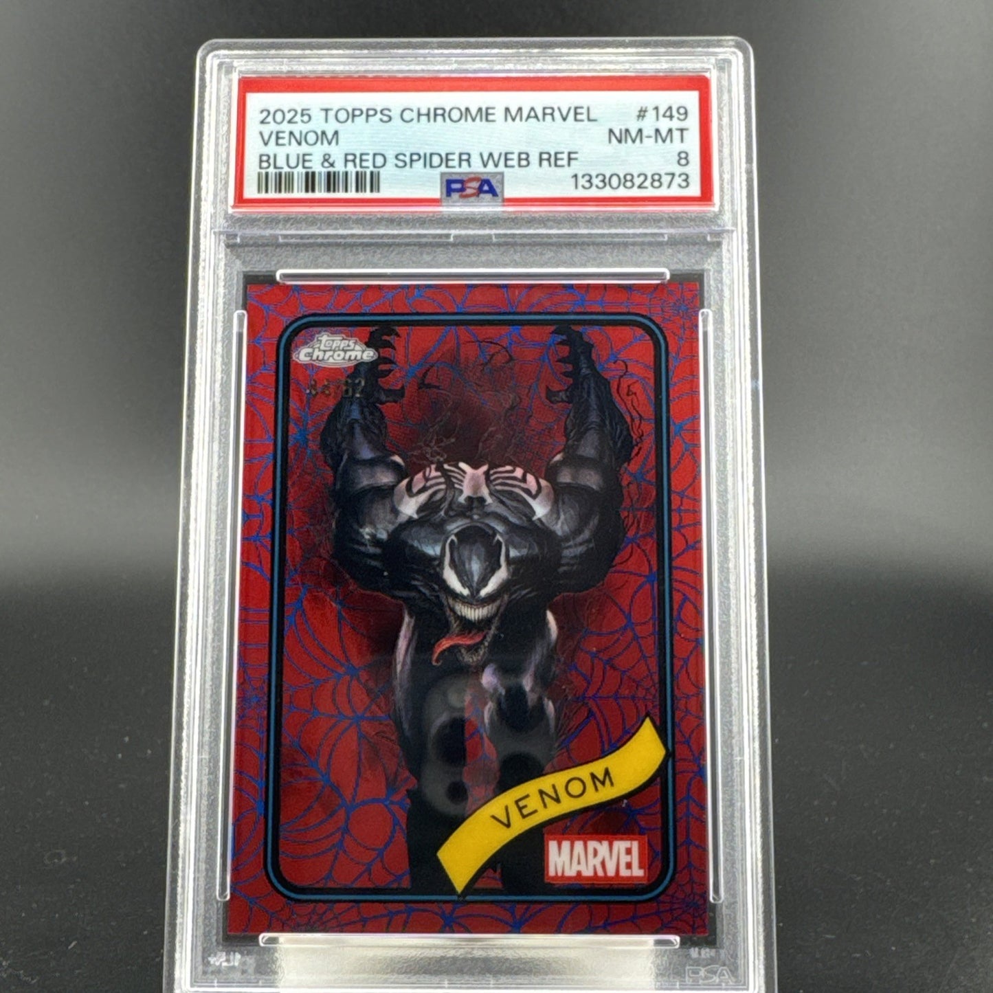 2025 Topps Chrome Marvel Venom #149 Blue & Red Spider Web Refractor /62 PSA 8