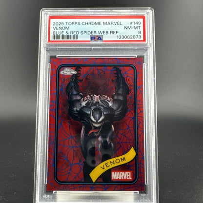 2025 Topps Chrome Marvel Venom #149 Blue & Red Spider Web Refractor /62 PSA 8
