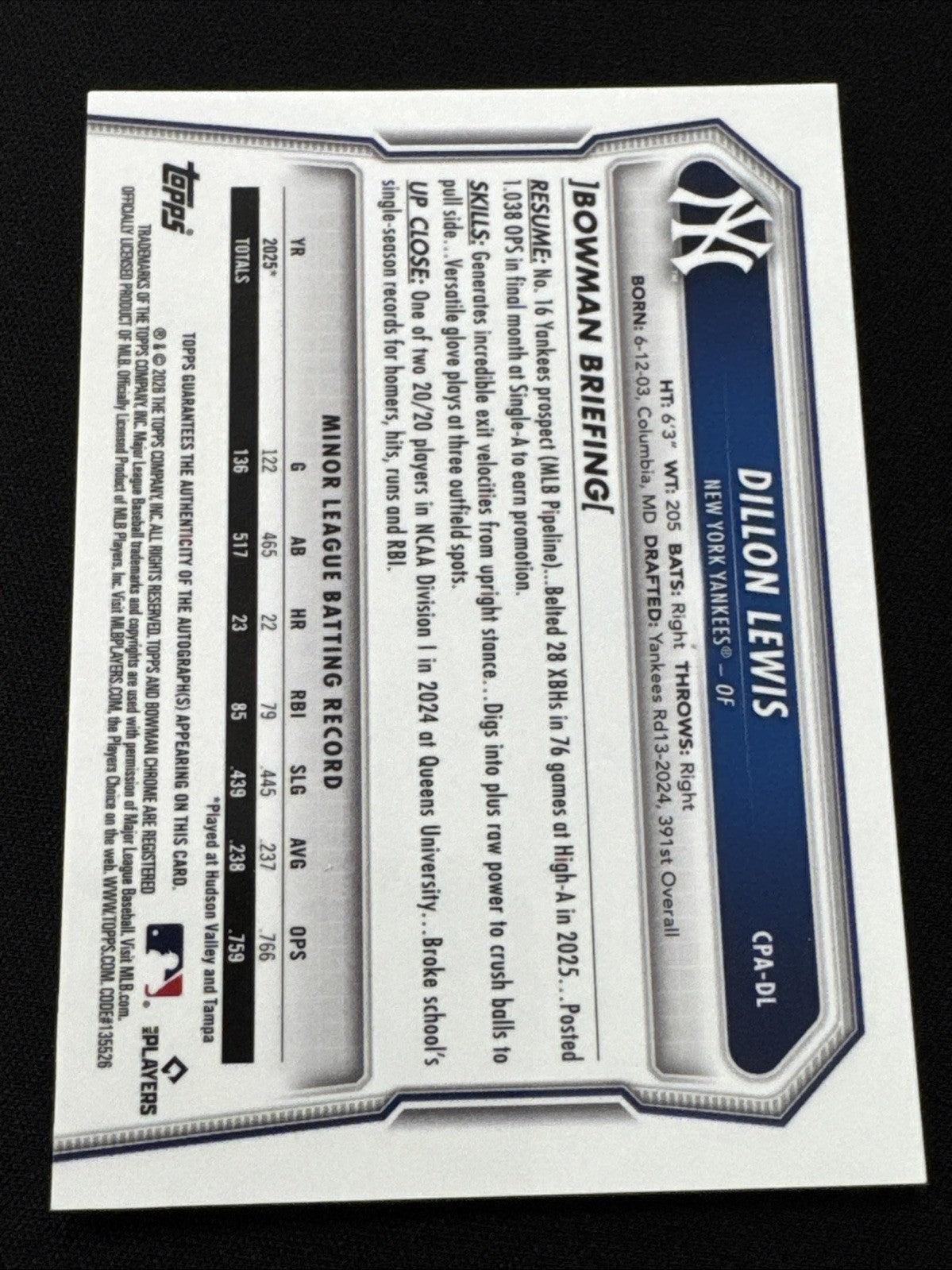 2026 Bowman Chrome Dillon Lewis Orange Shimmer Refractor Auto /25 SSP RC