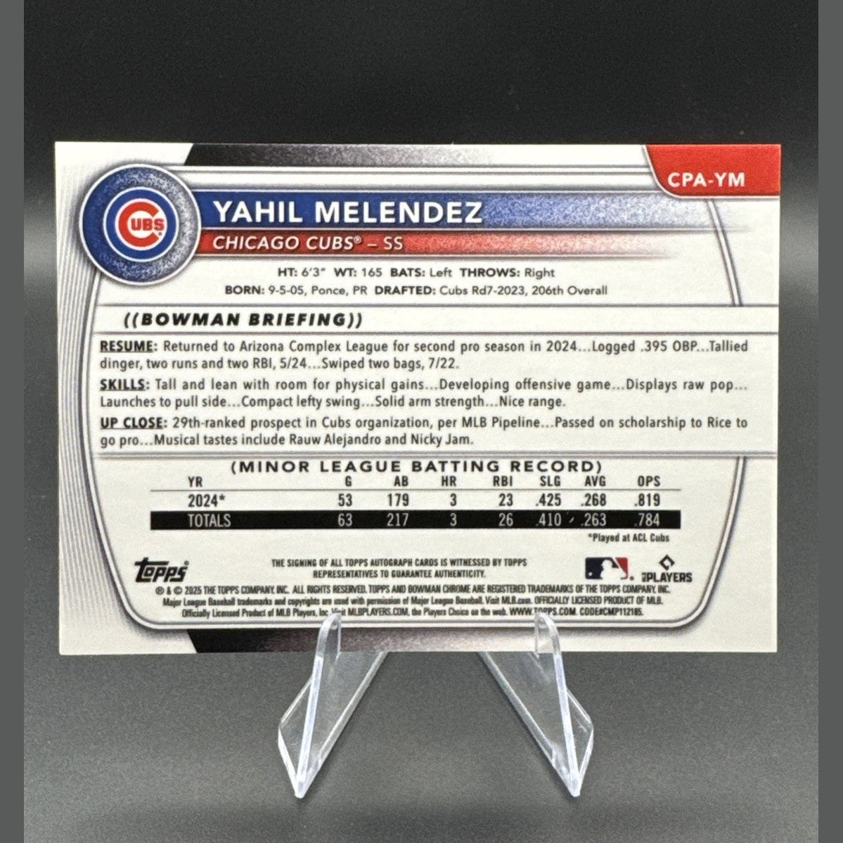 Yahil Melendez 2025 Bowman Chrome 1st Bowman Autograph Auto #CPA-YM